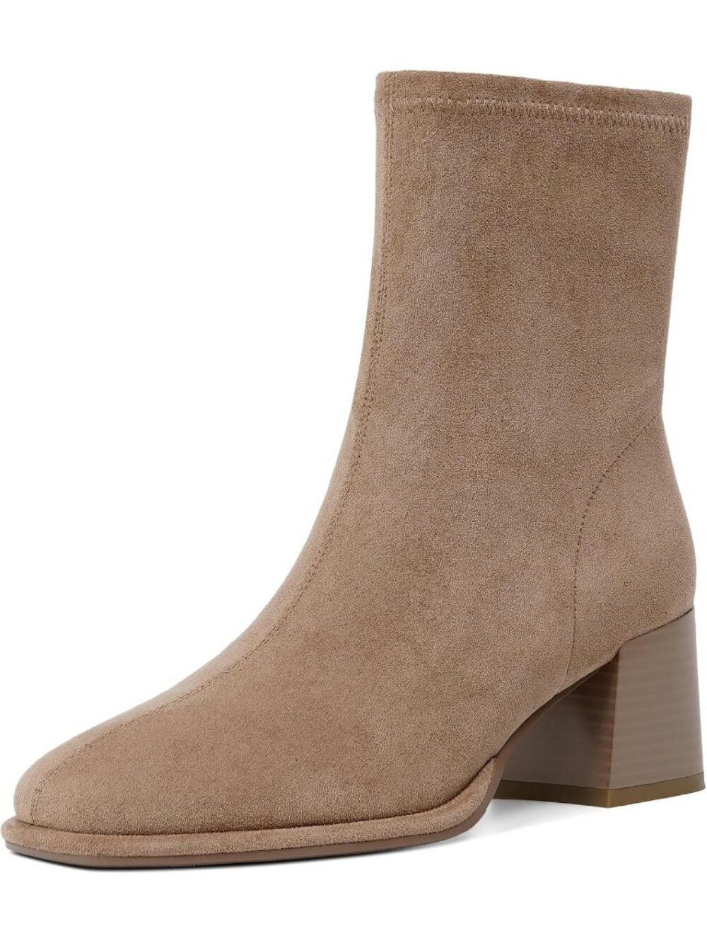 Women's Camel Faux Suede Chunky Block Heel With Side Zipper Stretch Boots
